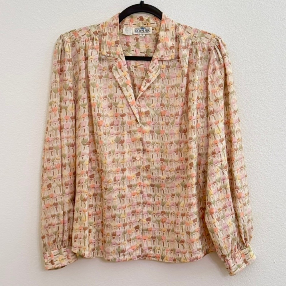 Vintage 80s Royal Silk Fall Floral Blouse 12 Large Librarian Academia Soft Girl